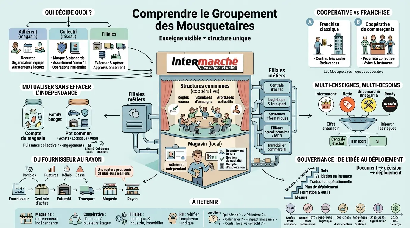 Infographie éducative illustrant l'organisation du groupement des mousquetaires, montrant la différence entre enseigne visible et structure réelle.