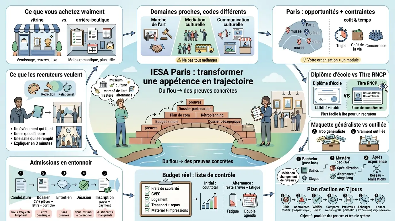 Infographie sur l'IESA Paris illustrant la transformation d'une appétence en trajectoire professionnelle avec des éléments visuels explicatifs.