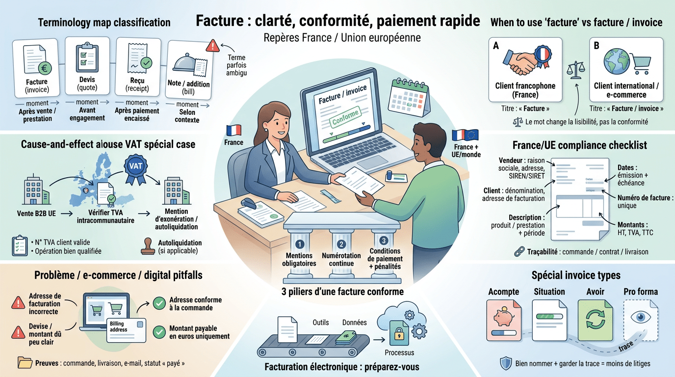 Infographie éducative sur la différence entre invoice et facture, avec éléments visuels sur la conformité en France/UE.
