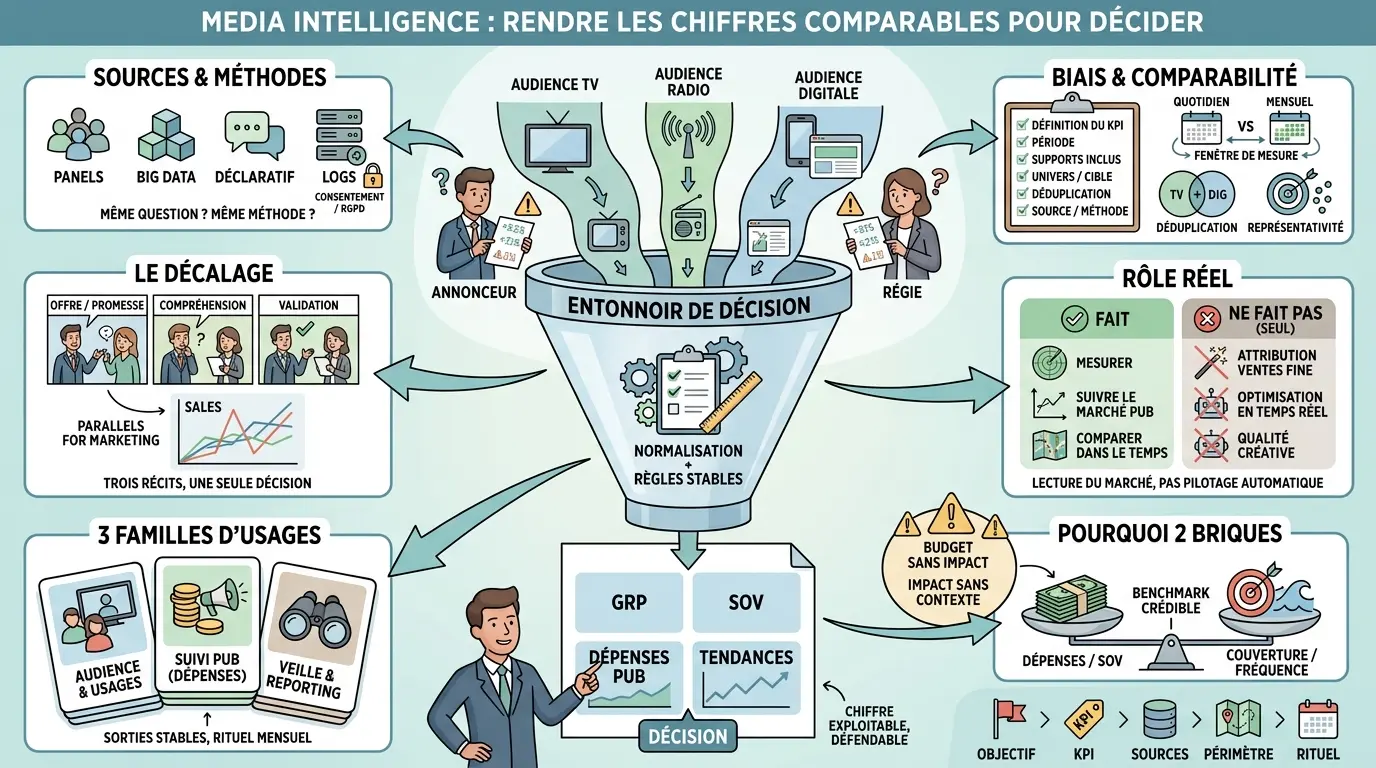 Infographie sur la façon dont Kantar Media Company aide à normaliser les métriques médiatiques pour des décisions éclairées.