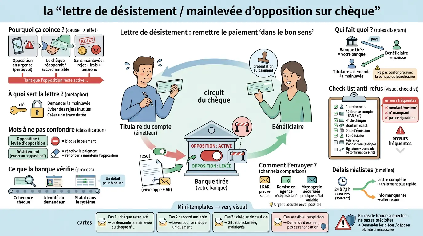 Infographie éducative sur la lettre de désistement chèque, illustrant le processus de mainlevée d'opposition avec des personnages et des modules explicatifs.