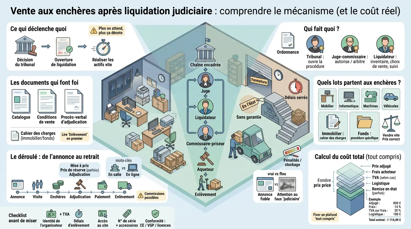 Infographie expliquant le processus de liquidation judiciaire vente enchère, avec étapes visuelles et éléments éducatifs.