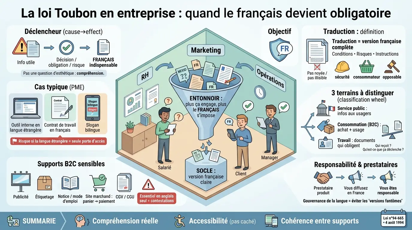 Infographie illustrant la loi Toubon en entreprise, montrant l'importance du français dans divers contextes professionnels.