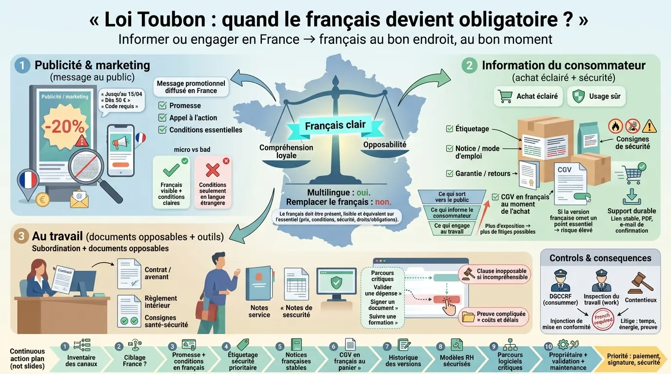 Infographie sur les lois toubon illustrant l'obligation du français en publicité, information consommateur et documents au travail.