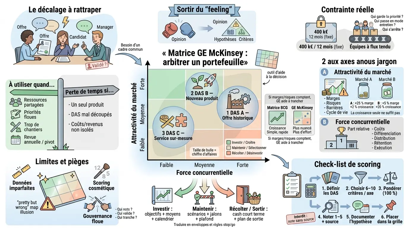 Infographie expliquant la mckinsey matrice pour arbitrer un portefeuille avec contraintes budgétaires et équipes limitées.