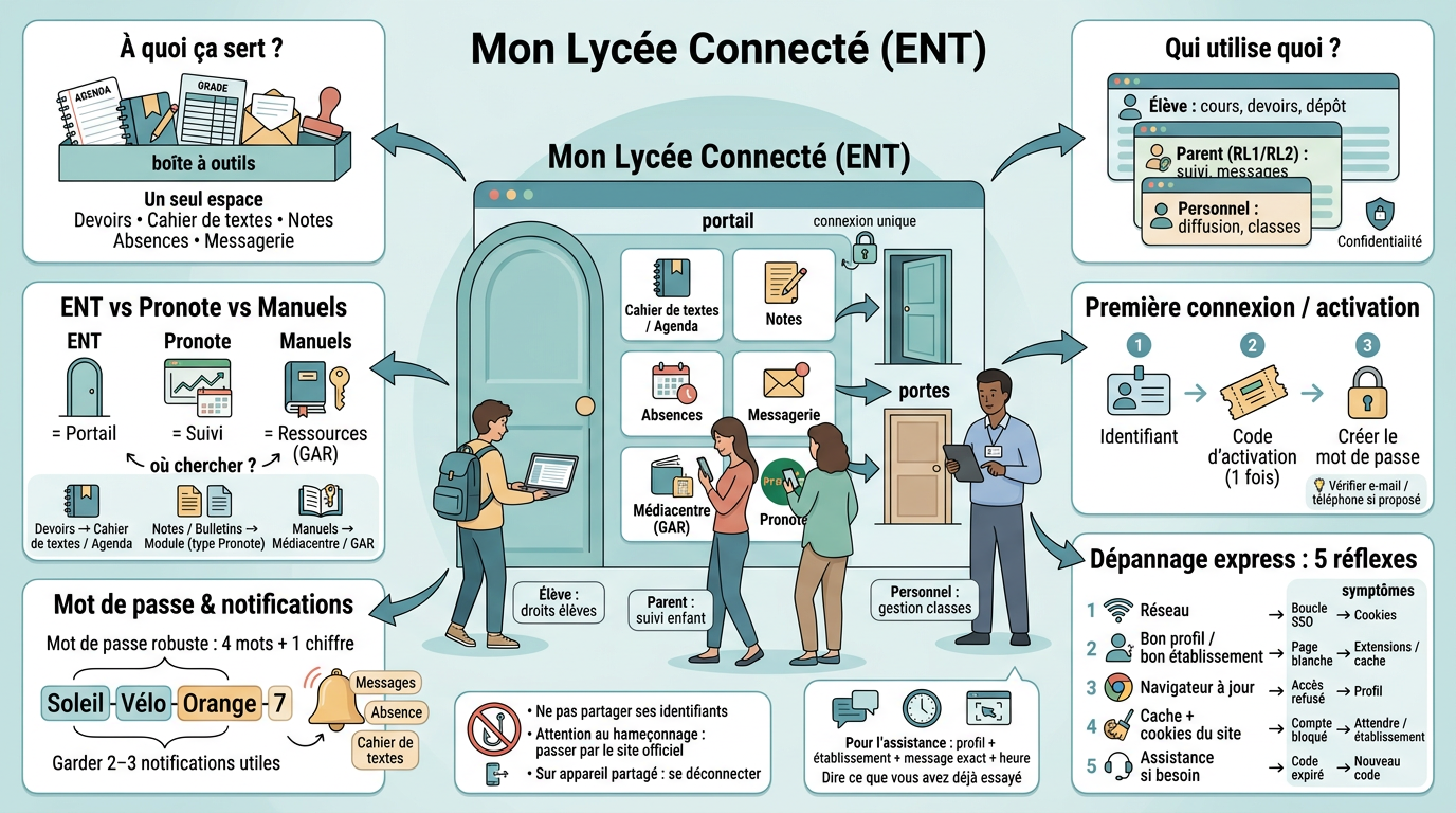 Infographie sur mon lycée connecté, illustrant l'utilisation et le dépannage de l'ENT avec des métaphores visuelles et des diagrammes.