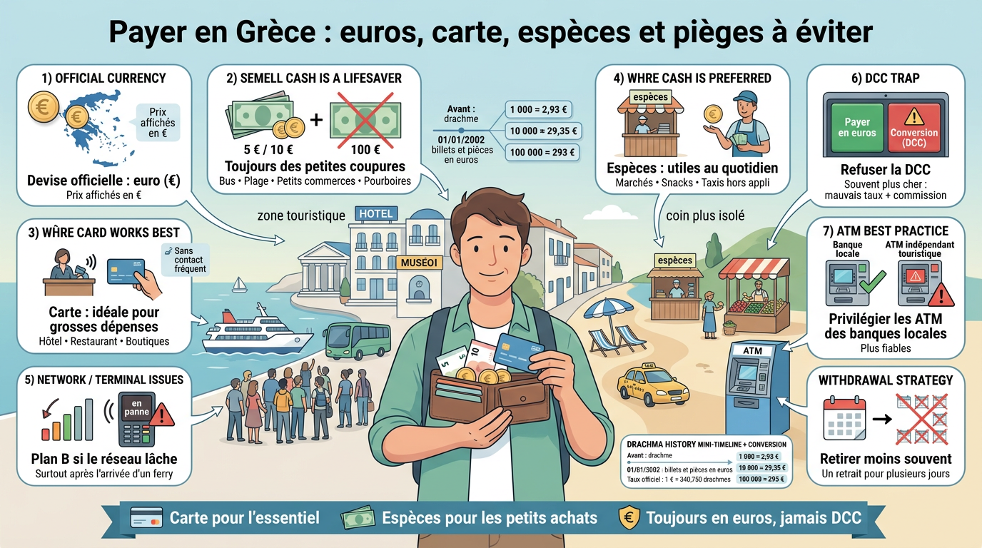 Infographie éducative sur payer en Grèce, montrant la monnaie grecque, euros, cartes et conseils pratiques.