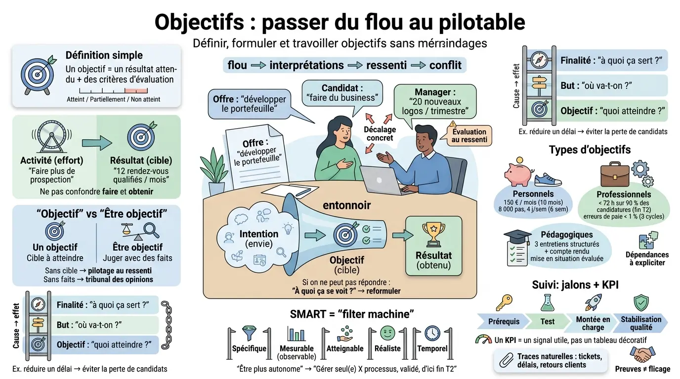 Infographie éducative sur l'objectif définition, illustrant la formulation et le suivi d'objectifs clairs avec des diagrammes.