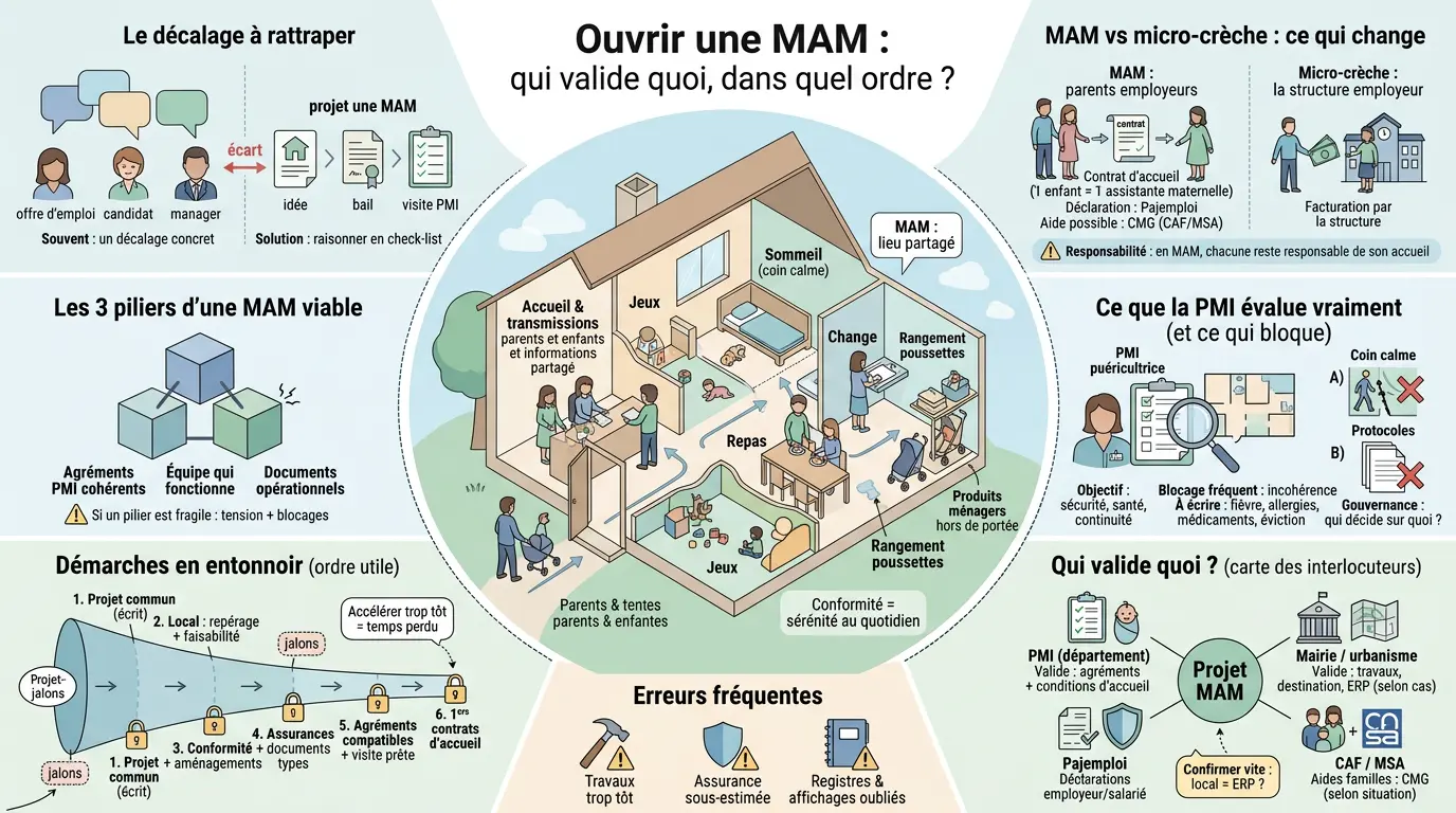 Infographie éducative sur ouvrir une mam, illustrant les étapes, acteurs et zones clés d'une maison d'assistantes maternelles.