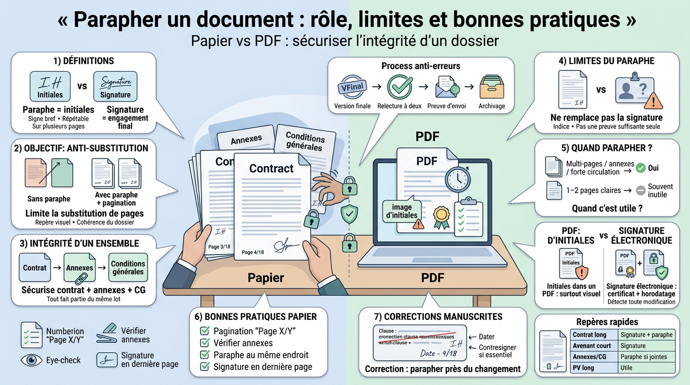 Infographie sur comment parapher un document, illustrant les étapes et différences entre papier et PDF, avec conseils pratiques.