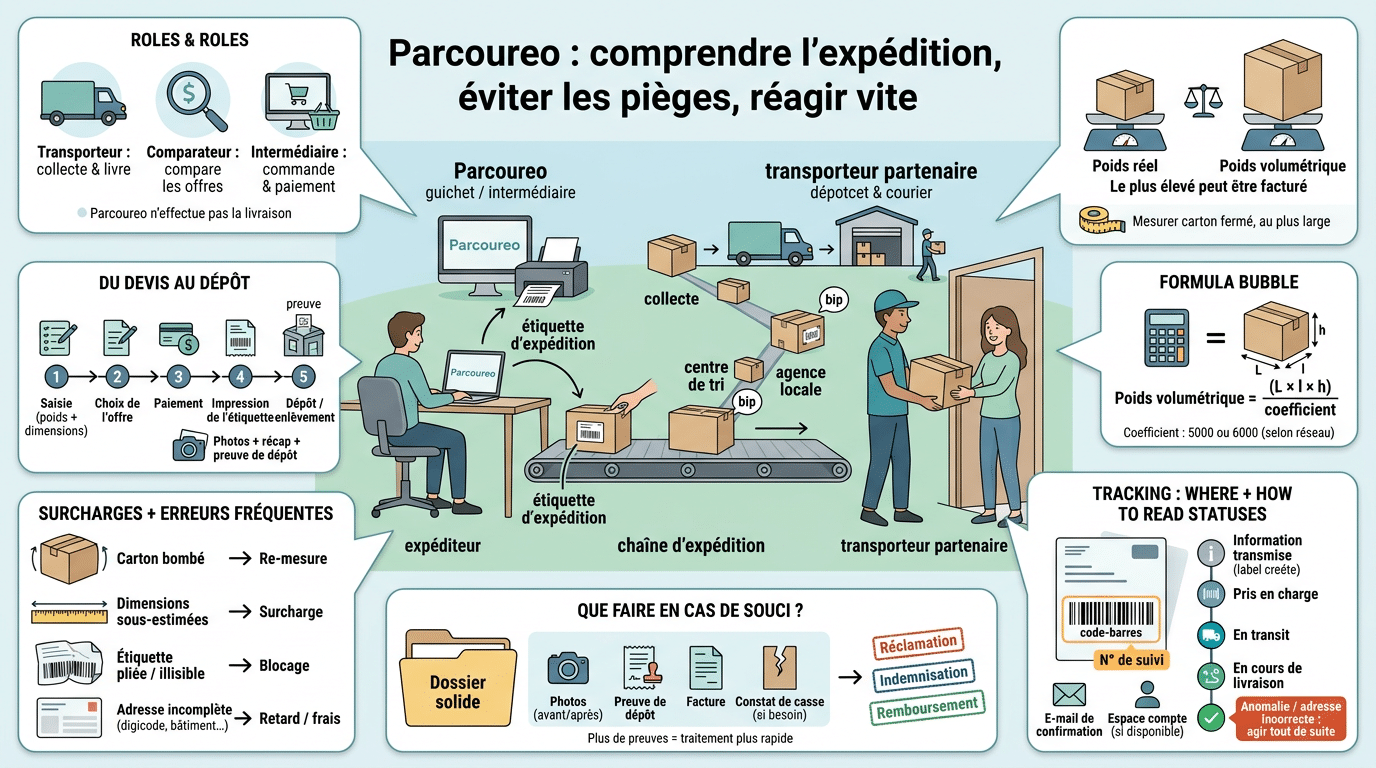 Infographie sur parcoureo : chaîne d’expédition illustrée, rôles, étapes et conseils pour éviter les erreurs.