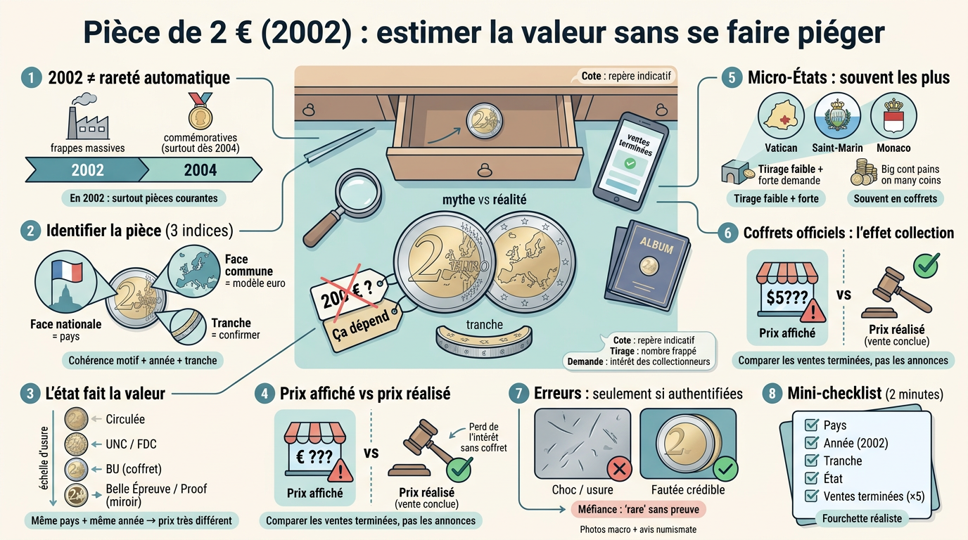 Infographie éducative sur l'estimation de la valeur d'une piece 2 euros 2002, avec illustrations et conseils pratiques.