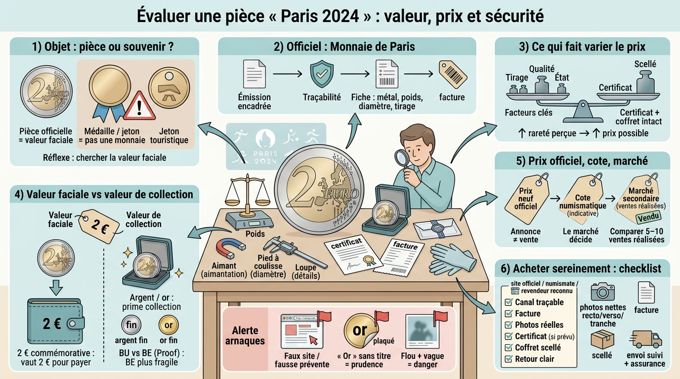 Infographie éducative sur l'évaluation d'une pièce jo 2024, illustrant les critères de valeur et de sécurité avec des modules explicatifs.