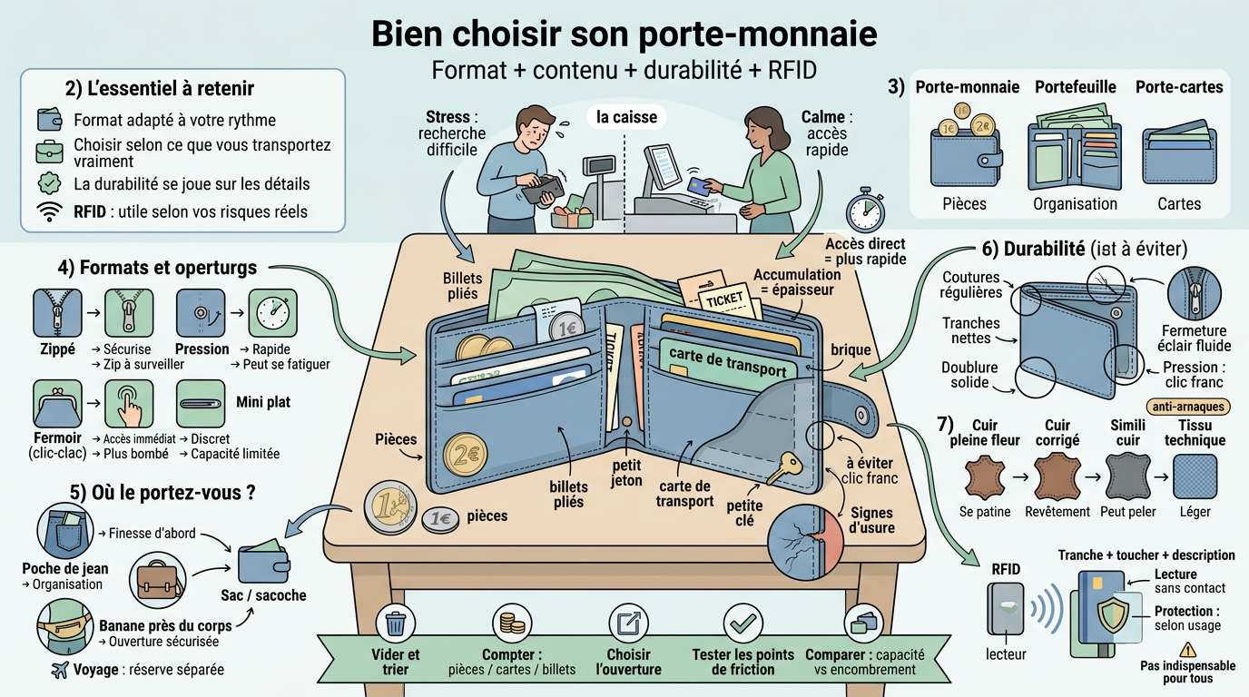 Infographie éducative sur le choix d'un porte-monnaie, illustrant formats, contenus, durabilité et RFID avec des vignettes explicatives.