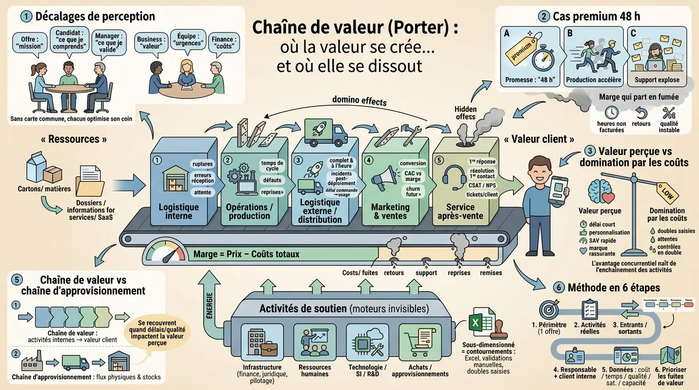 Infographie éducative illustrant la porter chaine de valeur de Michael Porter, des ressources à la valeur client, avec des décalages et coûts cachés.