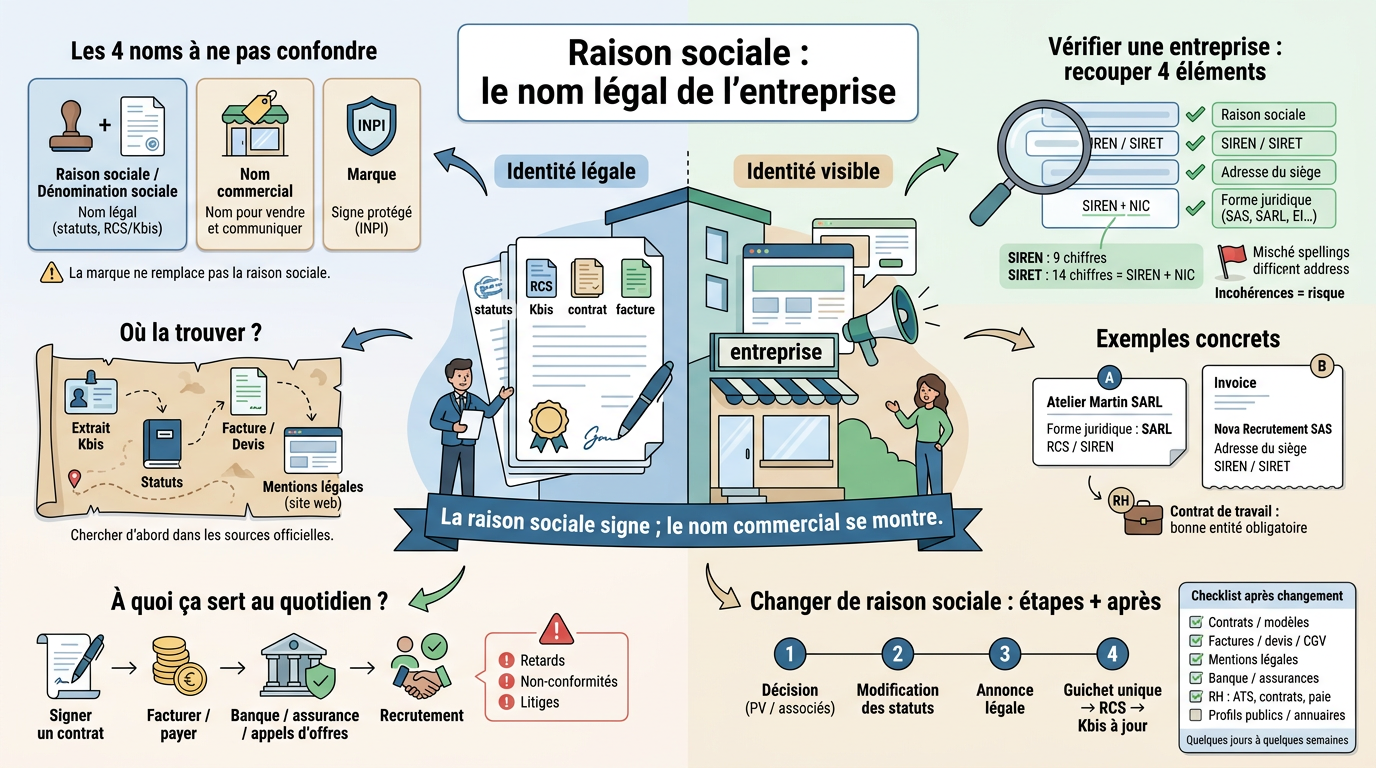 Infographie éducative sur la raison sociale d'une entreprise, illustrant son identité légale et visible avec des éléments explicatifs.