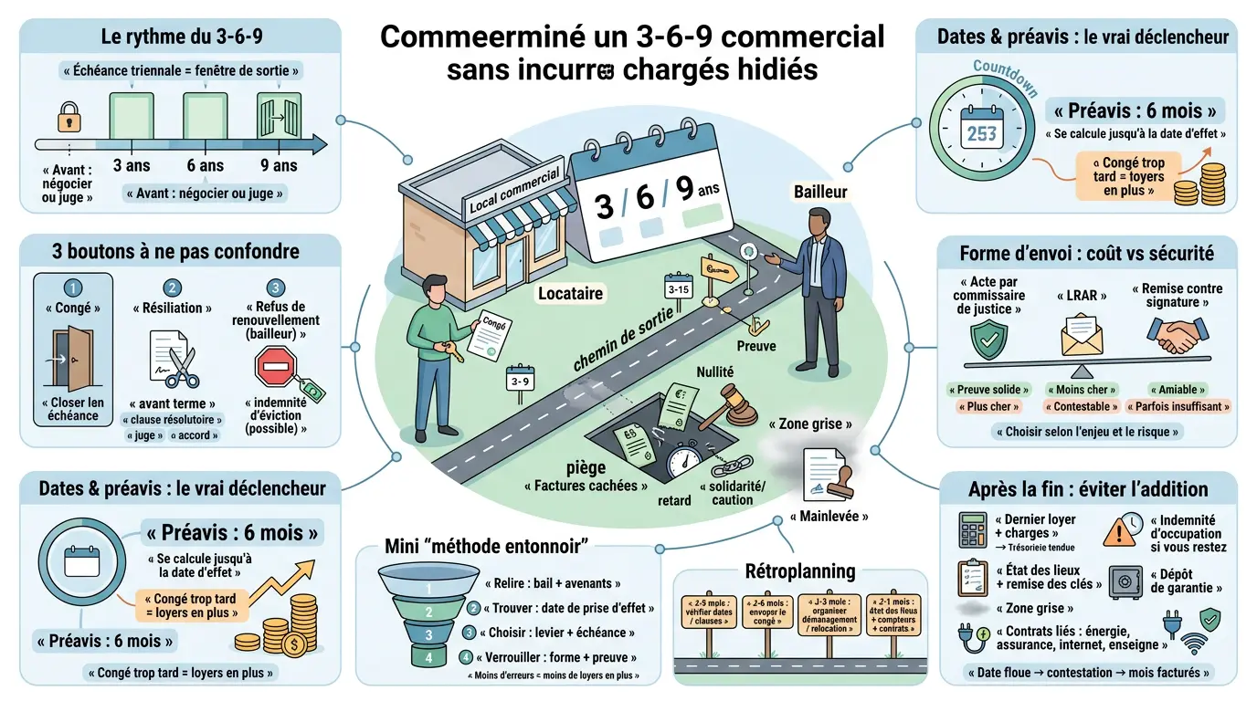 Infographie éducative sur la résiliation bail commercial, illustrant les étapes et pièges à éviter pour sortir d'un bail 3-6-9.