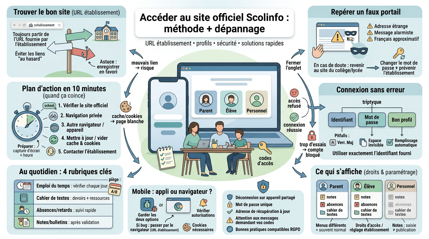 Infographie éducative sur l'accès au scolinfo site officiel, incluant étapes, conseils et sécurité pour parents et élèves.