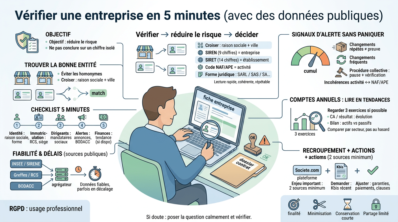 Infographie éducative sur la vérification d'entreprise avec societe.com France, montrant étapes et conseils pour réduire les risques.