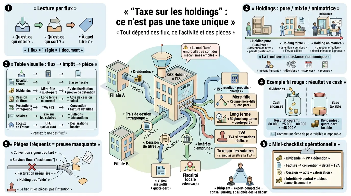 Infographie expliquant la taxe sur les holdings, illustrant les flux financiers et les types d'activités fiscales.