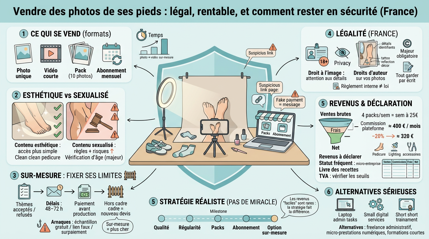 Infographie éducative sur vendre ses pieds : formats, esthétique, légalité, revenus, sécurité et stratégies.