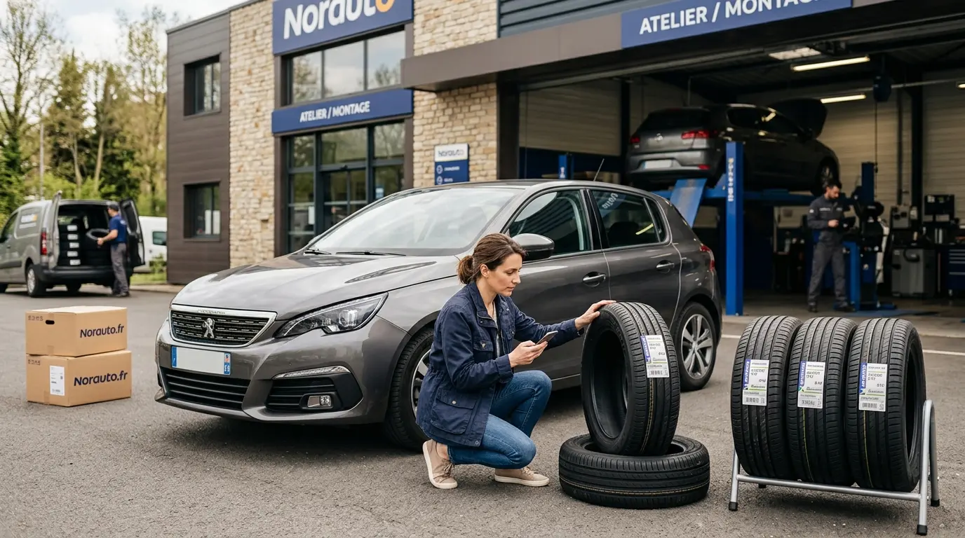 Couverture d'article sur l'achat en ligne pneu, montrant un véhicule près d'un garage avec des pneus neufs exposés.