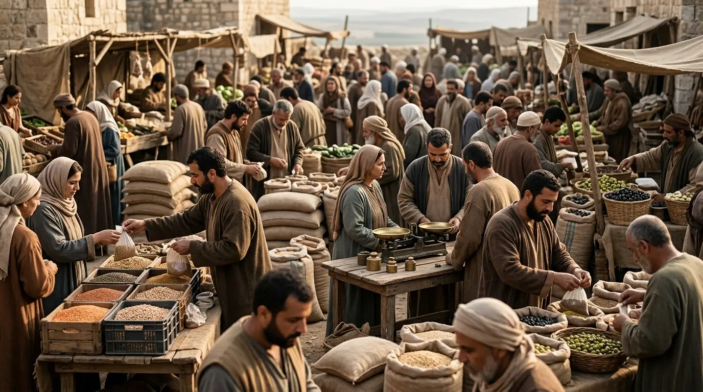 Couverture d'article illustrant l'atomicité du marché avec un marché animé de petits acheteurs et vendeurs, signal de prix central.