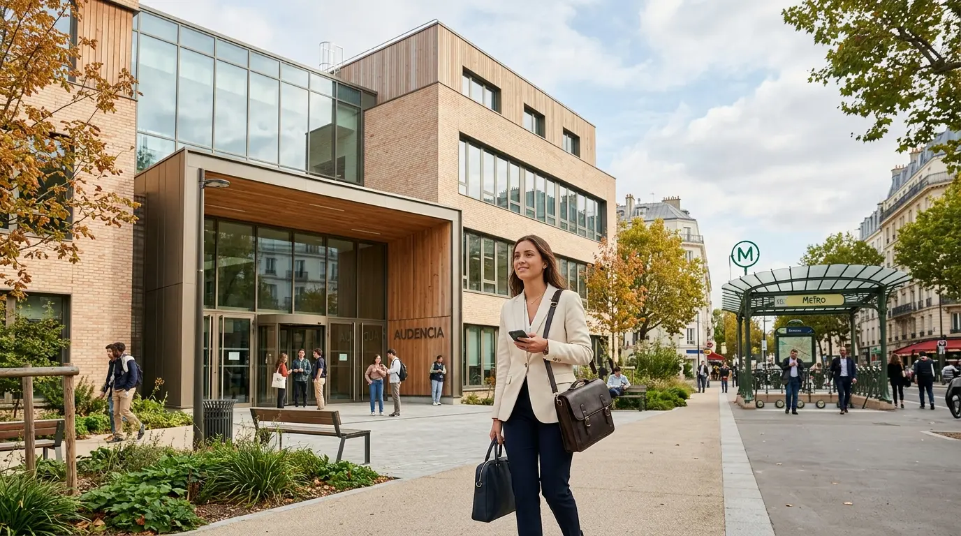 Campus moderne d'Audencia Saint-Ouen à Paris, étudiant confiant marchant vers l'entrée dans une ambiance urbaine chaleureuse.