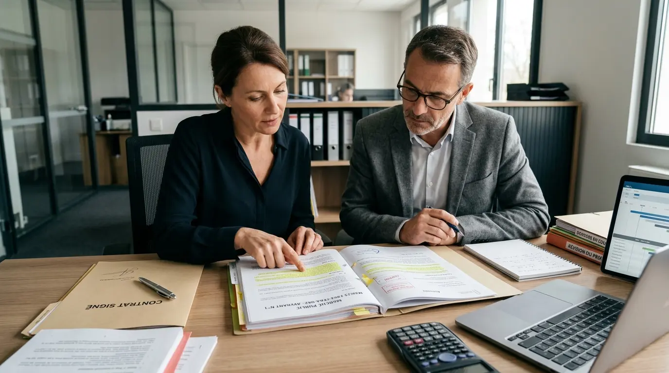 Avenant à un marché public : un gestionnaire et un conseiller examinent un dossier contractuel dans un bureau moderne.