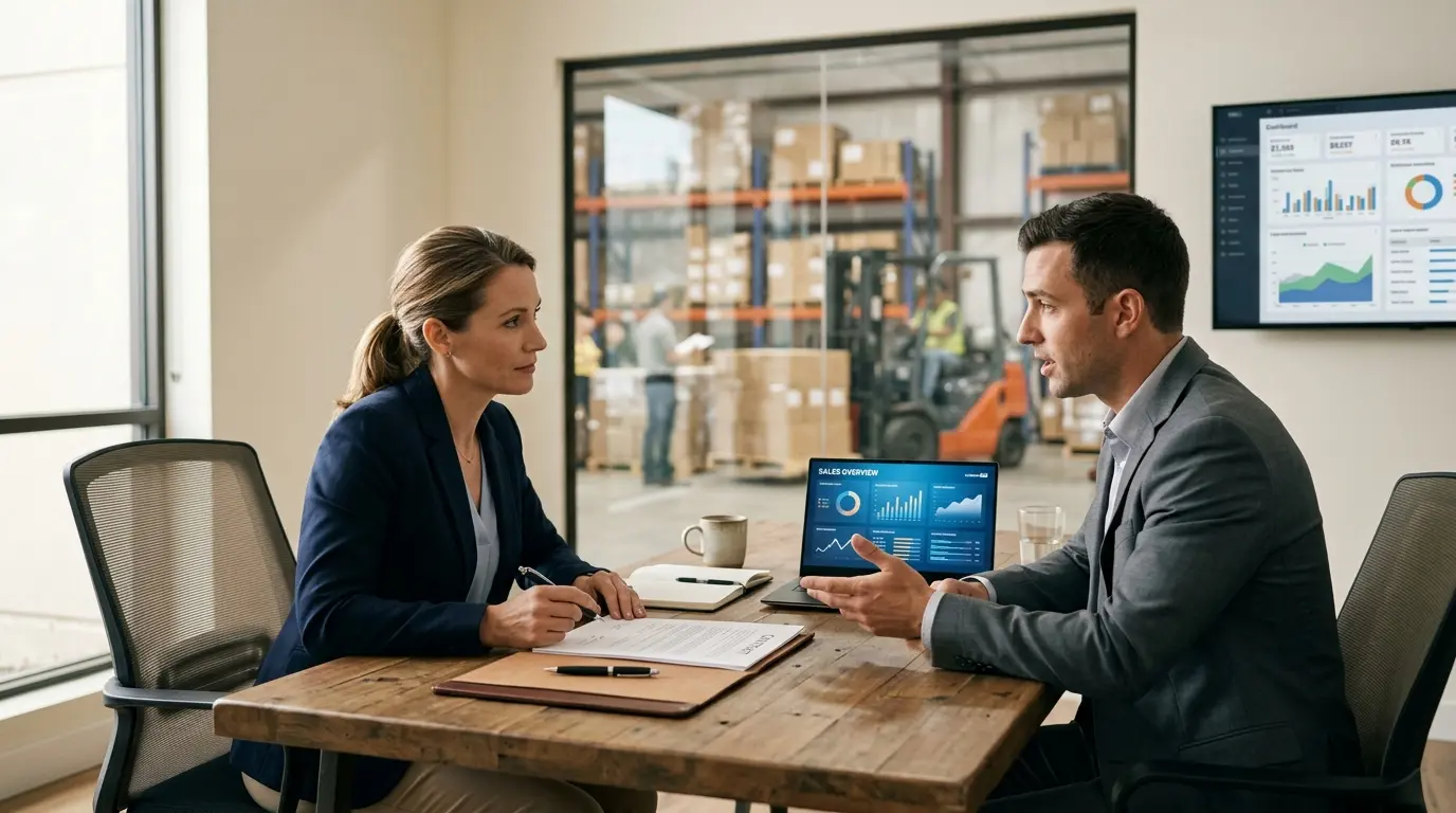 Bureau moderne avec un manager et un commercial discutant d'un contrat, illustrant la b2b signification et la prise de décision.