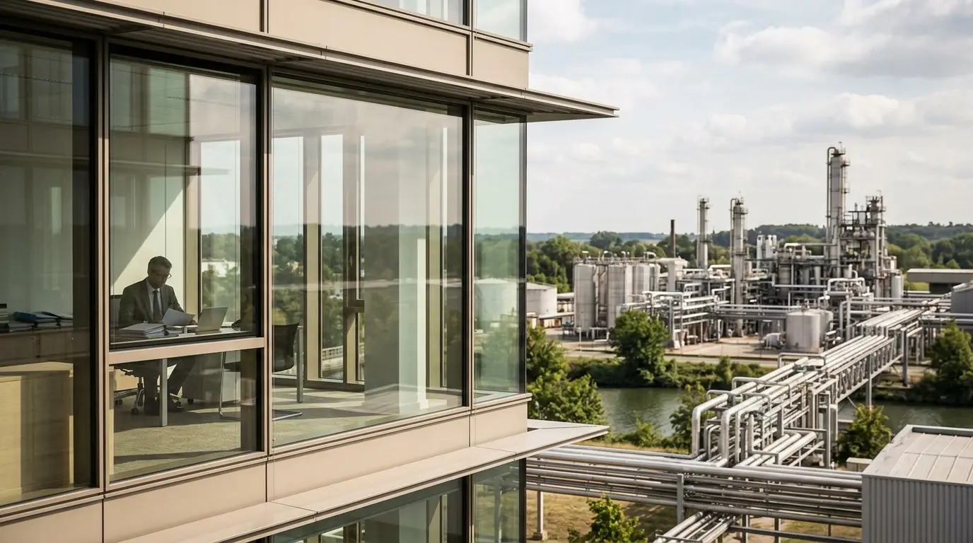 Couverture d'article illustrant BASF France, mêlant siège parisien moderne et site industriel chimique.