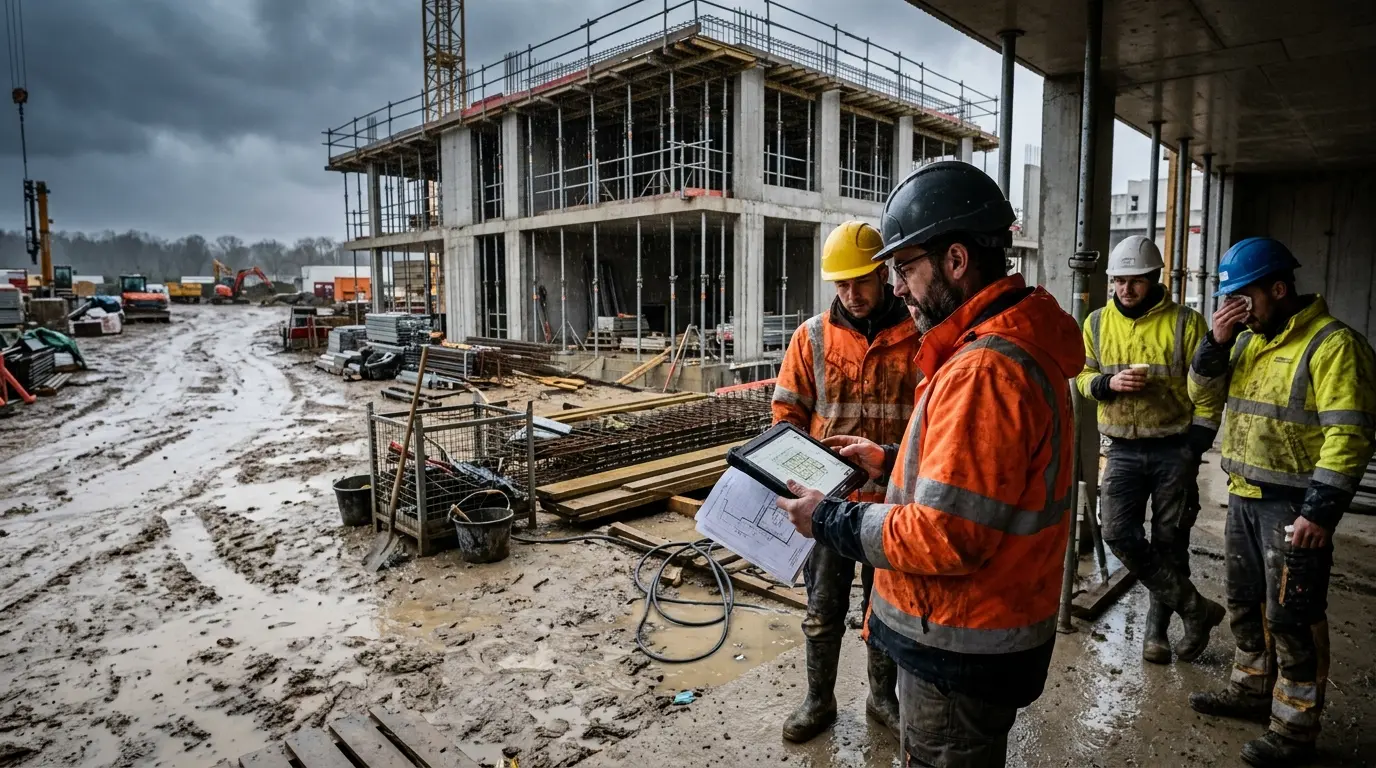 Chantier BTP en pause sous intempéries, travailleurs en sécurité, manager examinant documents, conditions pluvieuses.