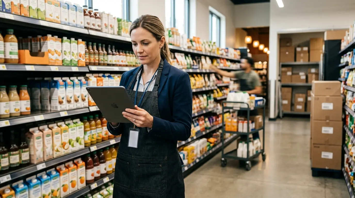 Cadencier dynamique en action dans un magasin, un responsable examine des données d'inventaire sur une tablette.