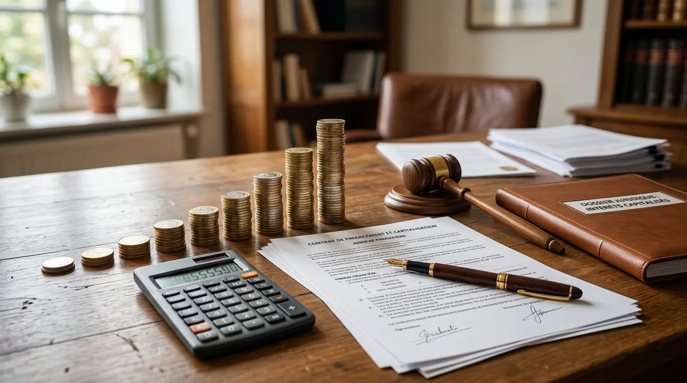 Bureau élégant avec des pièces, un contrat et un gavel, illustrant la capitalisation des intérêts et la croissance financière.