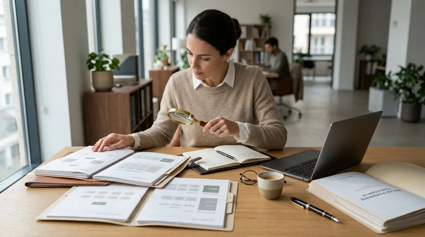 Couverture d'article illustrant la caracterisation d'une entreprise avec un analyste examinant des documents sur un bureau moderne.