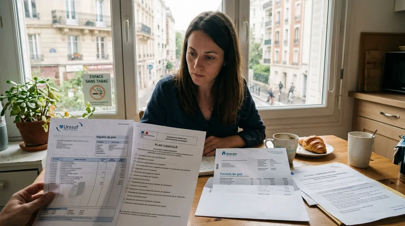Salaried worker avec bulletins de paie, facture de gaz, et check-list de sécurité, illustrant ce qui change au 1er juillet.