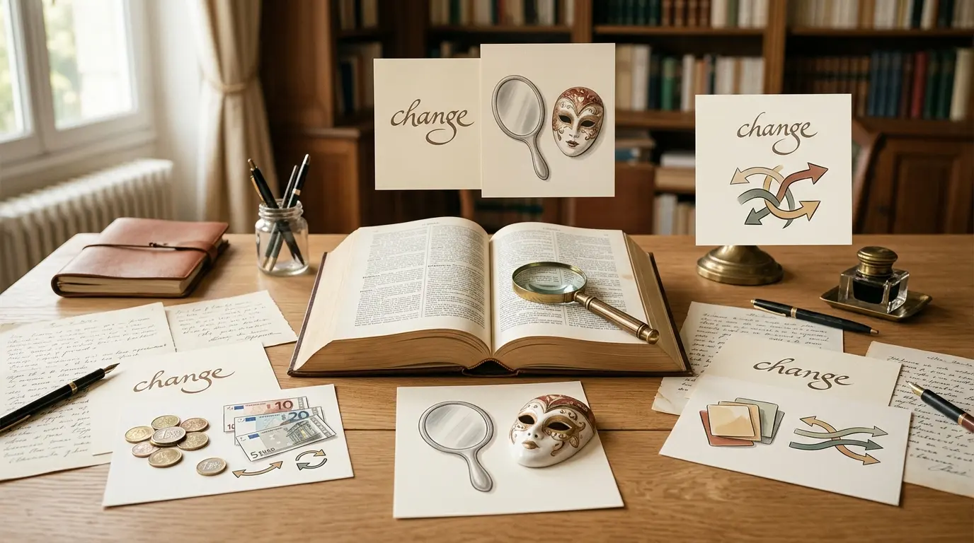 Couverture d'article sur le change synonyme, avec dictionnaire, notes, loupe, objets symboliques et ambiance chaleureuse.