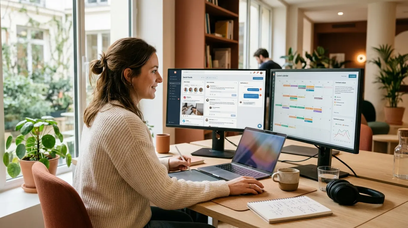 Espace de travail moderne illustrant la community manager definition, avec une personne gérant les réseaux sociaux sur plusieurs écrans.
