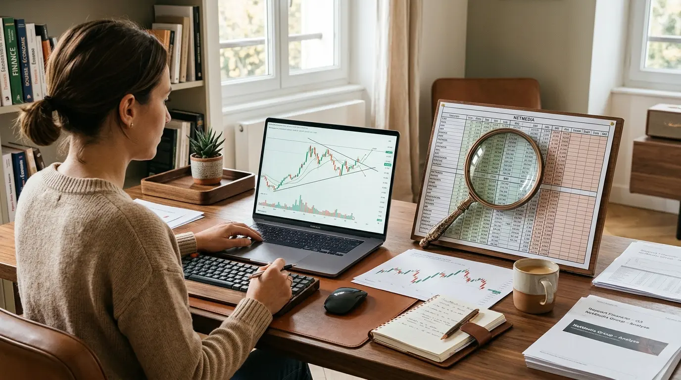 Scène de bureau moderne avec un ordinateur portable, graphique boursier et documents, illustrant le cours netmedia.