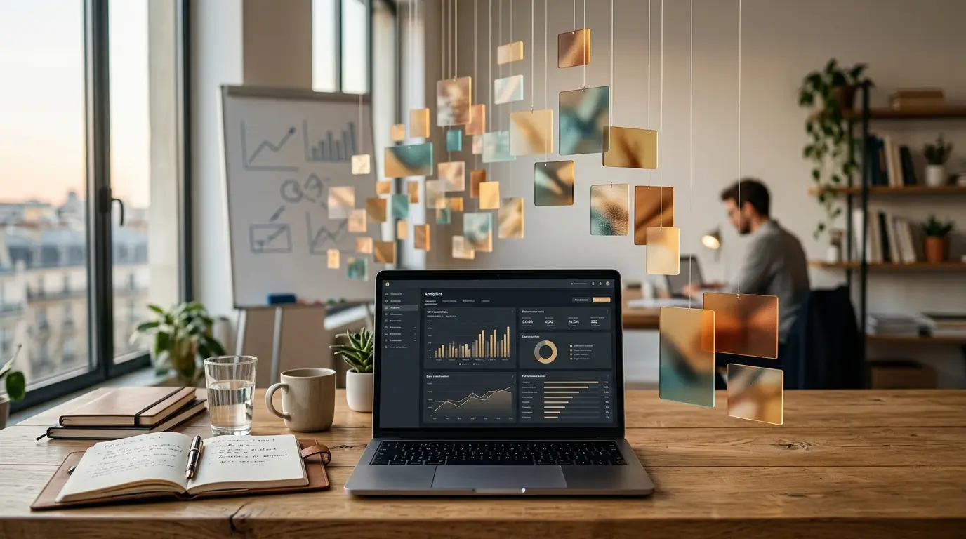 Couverture d'article sur le cpm marketing, avec un ordinateur moderne, des impressions publicitaires et des graphiques analytiques.