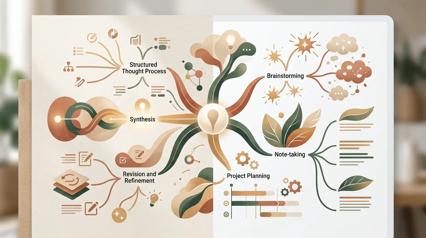 Illustration élégante de création de carte mentale avec un nœud central et des branches organisées, évoquant la structuration d'idées.