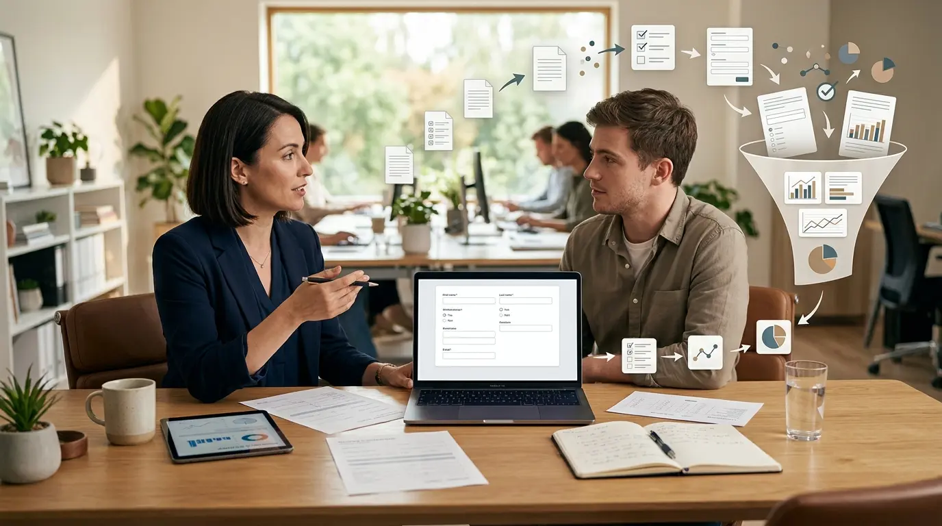 Scène de bureau moderne illustrant comment créer des questionnaires en ligne avec un ordinateur et des éléments de décision.