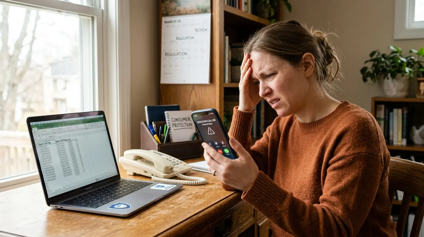 Personne frustrée à la maison avec un smartphone affichant un appel inconnu, évoquant le démarchage téléphonique stop.