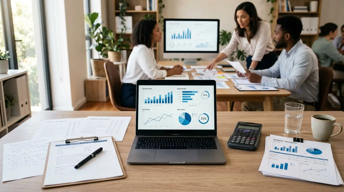 Bureau moderne avec un ordinateur affichant des graphiques d'enquête quantitative, questionnaires et documents organisés.