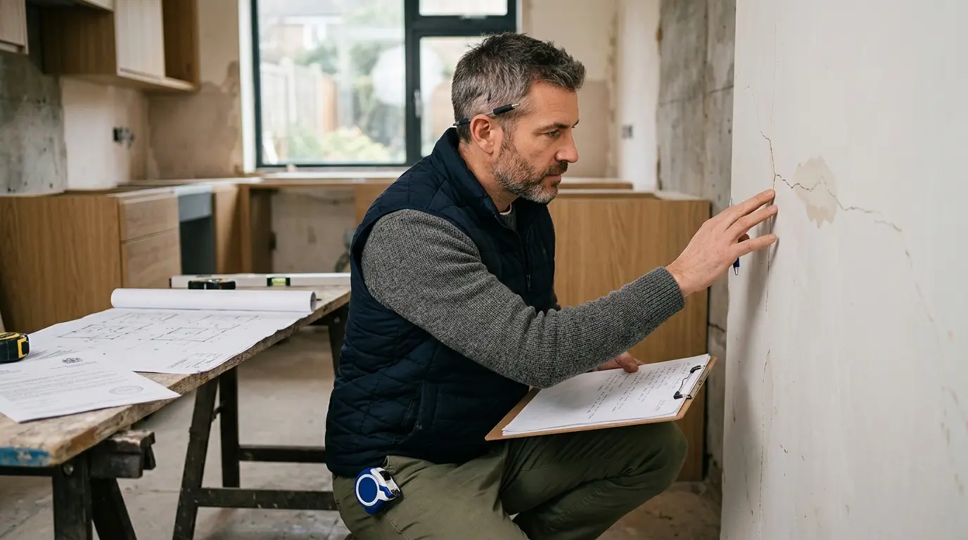 Expert en bâtiment formation : professionnel inspectant des fissures et plans dans une rénovation résidentielle moderne.