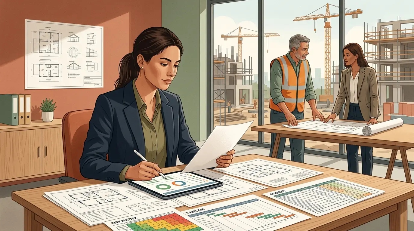 Illustration d'une scène de coordination de projet en formation amo, avec un assistant, un maître d'œuvre et un architecte au travail.