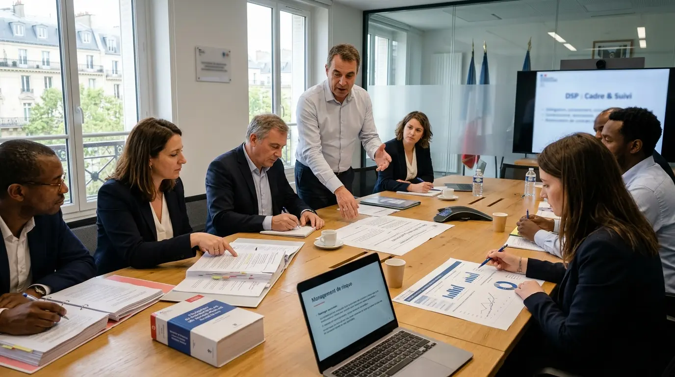 Formation délégation de service public dans un atelier professionnel avec des responsables examinant des documents contractuels.