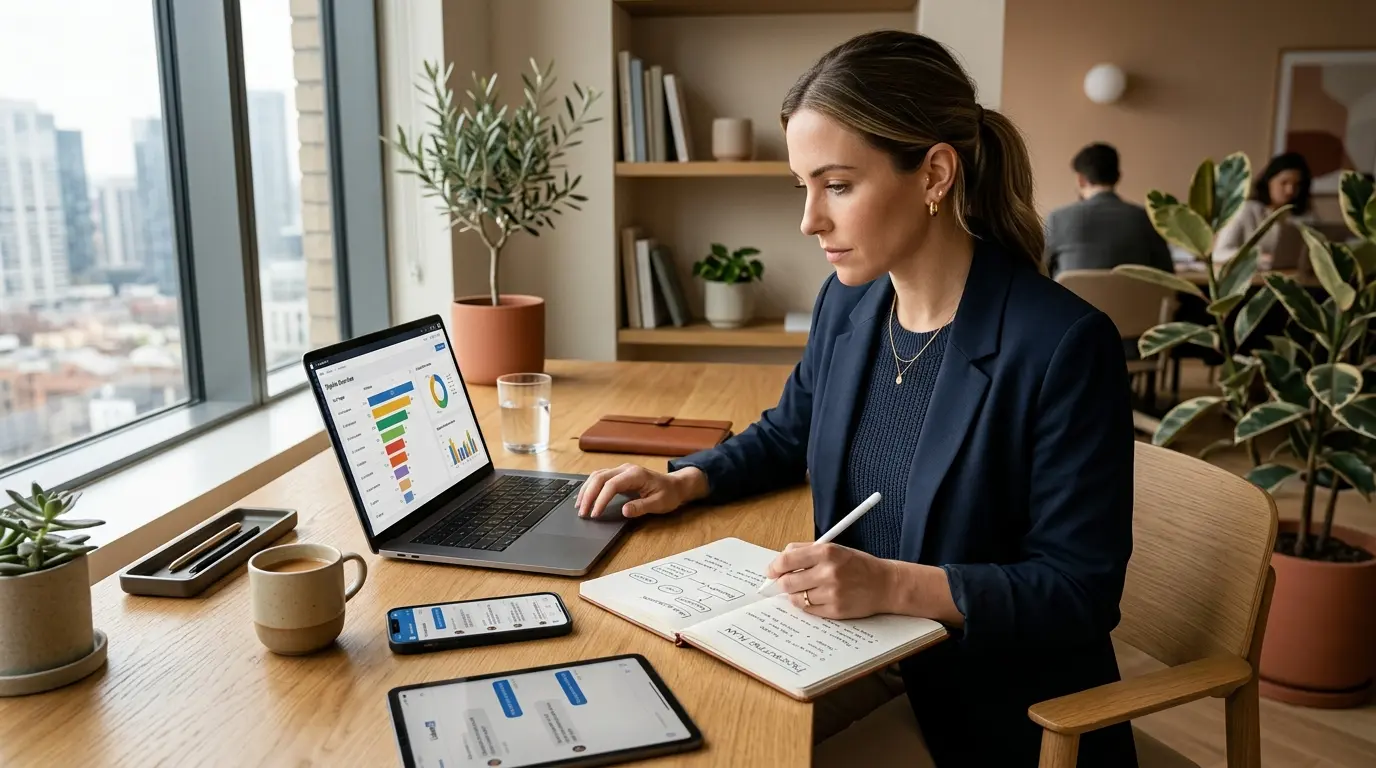 Couverture d'article sur la formation prospection digitale avec un consultant B2B analysant un CRM et un plan de prospection.