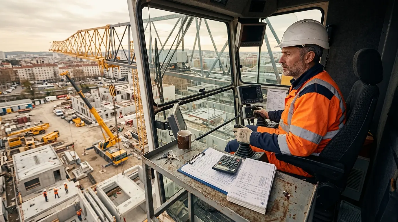 Grutier en chantier avec grue, casque et vêtements de sécurité, mettant en avant le salaire net et les conditions de travail.