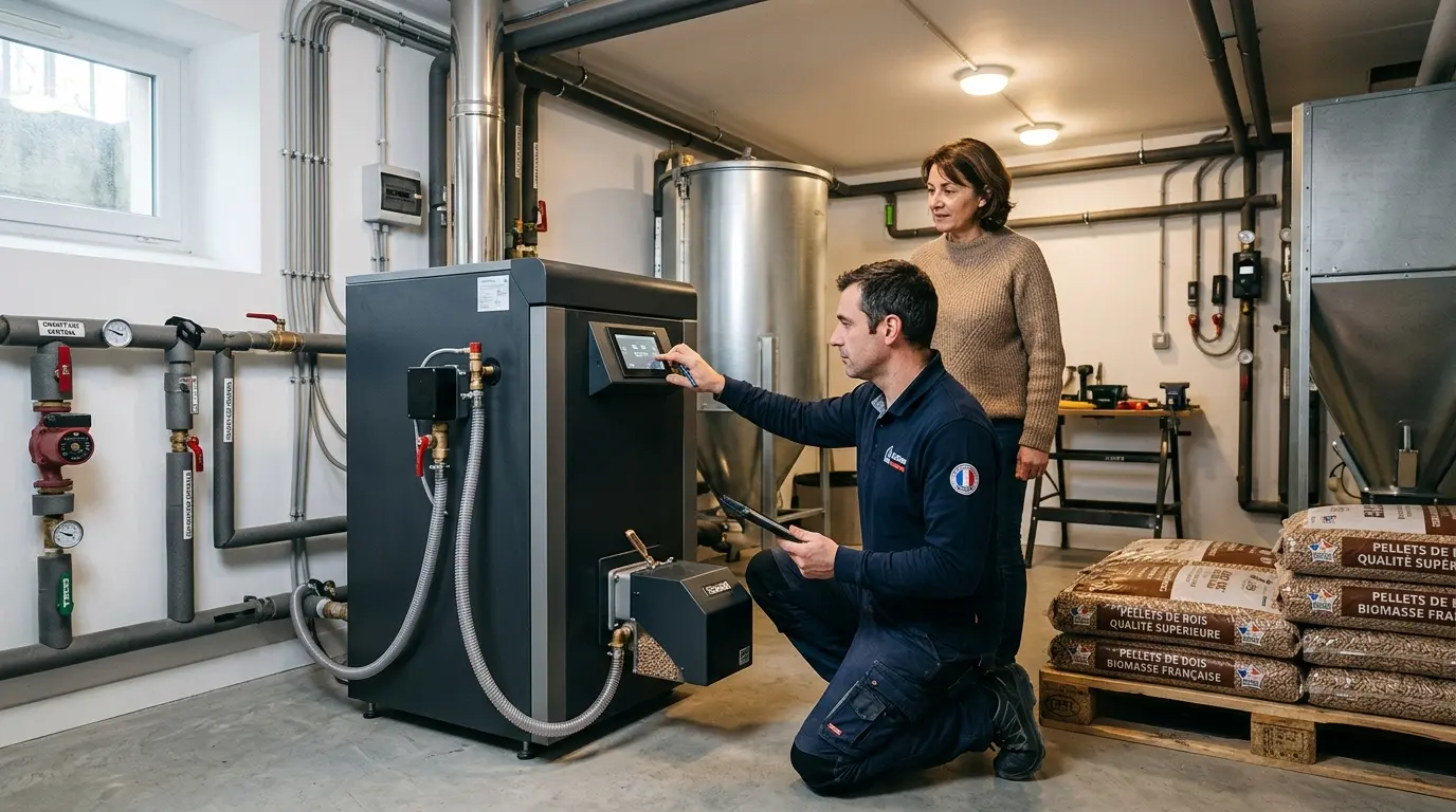 Modernité d'une chaudière à pellets Hargassner France, installateur vérifiant le système dans un sous-sol technique chaleureux.
